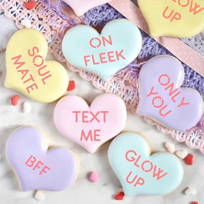 16 Pcs Valentine Conversation Hearts Cookie Stencils with Royal Icing 3x3 in, True Love/Only You/Text Me/Soulmate Love Phrase Sign Sayings Heart Stencils for Valentine's Day Making DIY Crafts