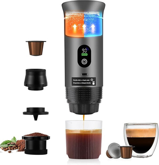Upgraded 3 in1 Portable Espresso Machine with LED Display,20 Bar Pressure,Real-Time Temp&Battery Indicator,Portable Coffee Maker Compatible with Ground Coffee & Capsules, for Travel,Home & Office(Grey