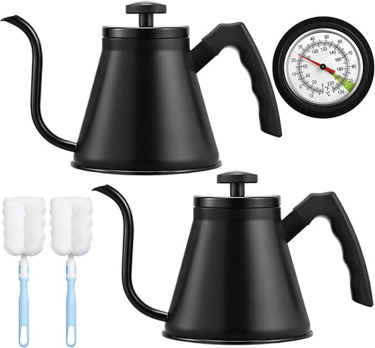 2 Pack 40 oz Gooseneck Kettle with Thermometer Stainless Steel Pour over Coffee Kettle Precision Drip Spout for Stovetop Home Kitchen Camping(Black)