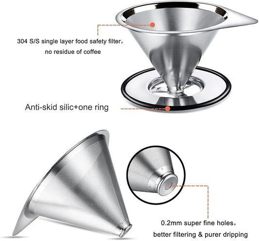 LHS Stainless Steel Pour Over Coffee Dripper - Reusable Cone Filter, Non-Slip Stand, 1-2 Cup