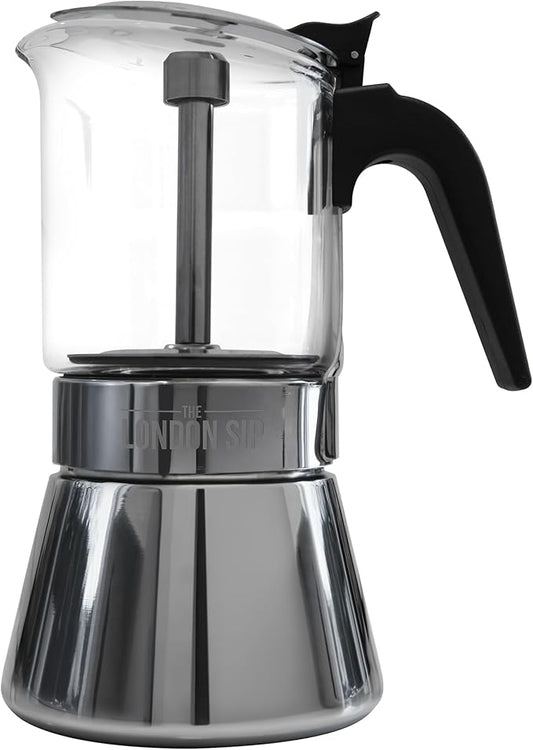 The London Sip Glass and Stainless Steel Stovetop Espresso Maker Moka Pot Italian Coffee Percolator, Glass, Small (5.07 oz)