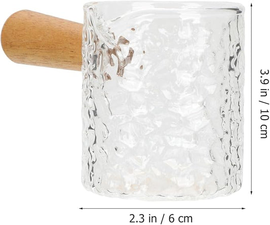 Hammered Glass Espresso Shot Cup with Wood Handle - 100ml / 3.4oz Small Milk Creamer Pitcher with Spout - Heat Resistant Borosilicate Glass Measuring Cup for Coffee, Latte, Syrup, Sauces