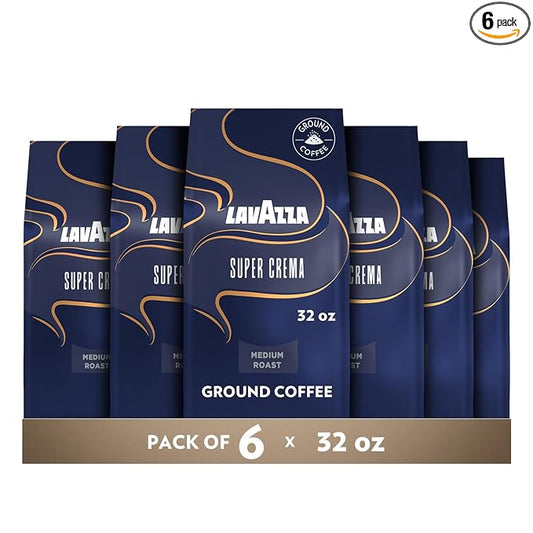 Lavazza Super Crema Ground Coffee, Medium Roast, Arabica and Robusta Blend, 32 oz Bag (Pack of 6)