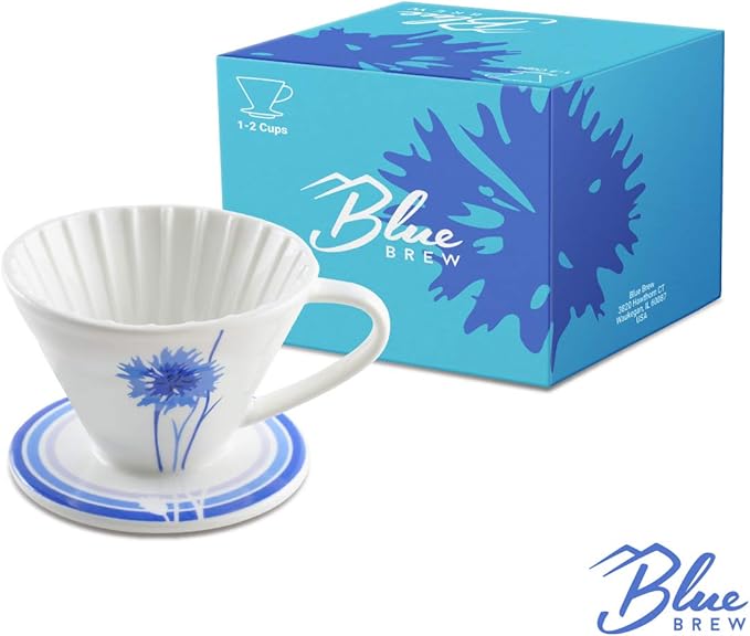 BLUE BREW Ceramic Pour Over Coffee Dripper, Size 01 Cone Coffee Maker (1-2 Cups), Manual Brew Maker, Dishwasher Safe, Portable Slow Brewing Accessories for Home, Travel, Camping, and Office (BB1001)
