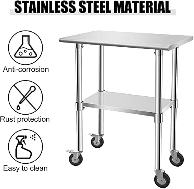 Stainless Steel Table - Metal Table Cart - Commercial Workbench with Caster Wheel - NSF Certified - for Restaurant, Warehouse, Home, Kitchen, Garage,30''x18''