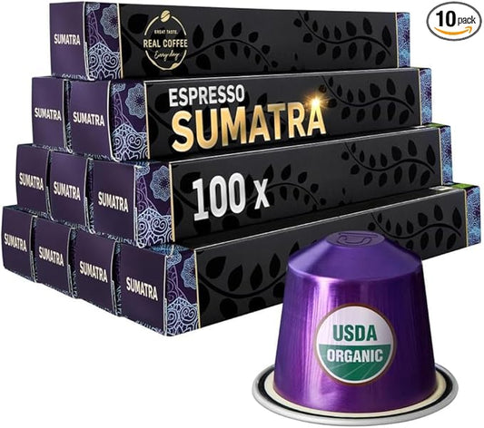 ‘Sumatra’ Organic Italian Espresso for Nespresso | 100 Organic Aluminum Capsules | Single-Origin Dark Roast | 100% Nespresso Compatible Pods | Fairtrade | Package May Vary