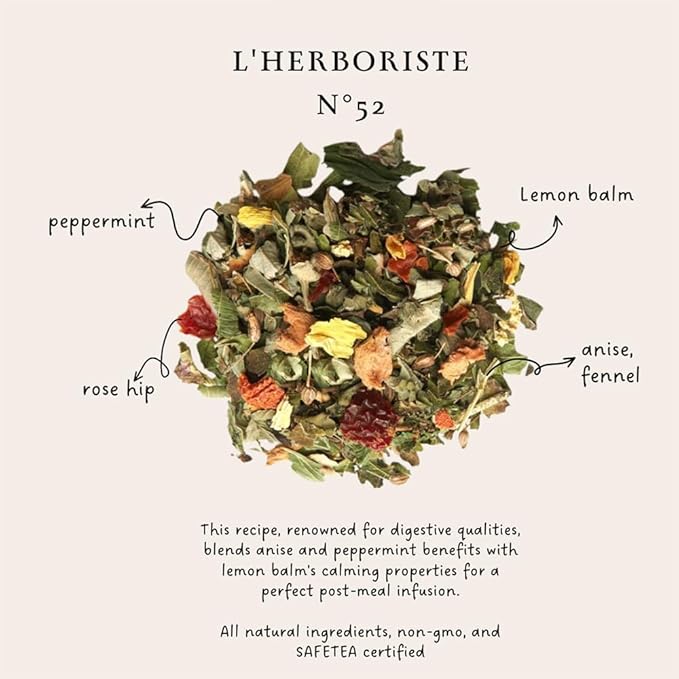 Palais des Thés Caffeine-Free Tea - L'Herboriste N°52 Organic Digestion Herbal Blend with Anise, Peppermint & Lemon Balm - Premium Tea Bags, Serves 20 Cups