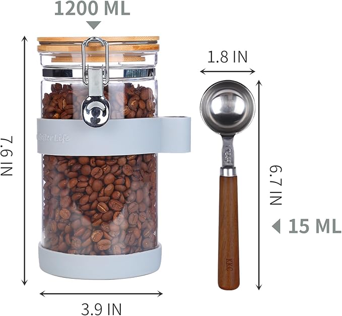 Airtight Clear Glass Coffee Bean Storage Container with Scoop,40oz (1200ML) Glass Jar Canister with Bamboo Clamp Lid for Whole Bean, Ground & Espresso - Perfect Jar for Kitchen Countertop & Coffee Bar