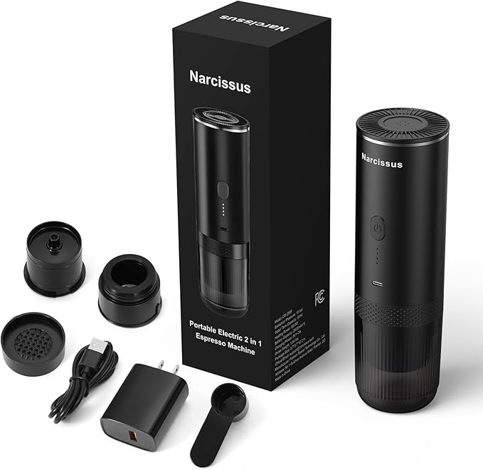 Narcissus Portable Electric Espresso Machine for Travel, 86.6 Watt 2-In-1 Travel Coffee Maker for Max 12g Coffee Powder or NS Capsules, 1.5 Pounds & 7800mAh Battery Capacity, Includes Quick Charger