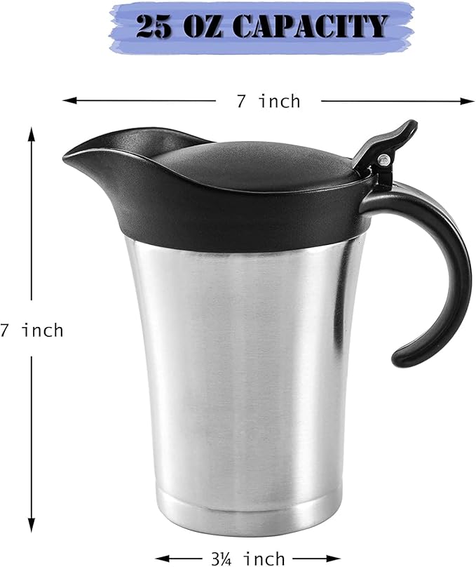 Large Stainless Steel Gravy Boat - 25 Ounce Double Wall Insulated Sauce Jug with Plastic Hinged Lid