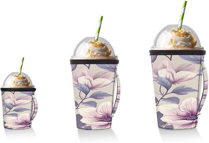 Reusable Iced Coffee Cup Sleeve Flowers Leaf Neoprene Insulated Sleeves Cup Holder with handle Idea for 24oz - 28oz