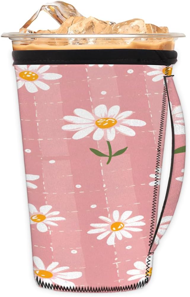 Reusable Iced Coffee Cup Sleeve Flower Daisy Neoprene Insulated Sleeves Cup Holder with handle Idea for 24oz - 28oz