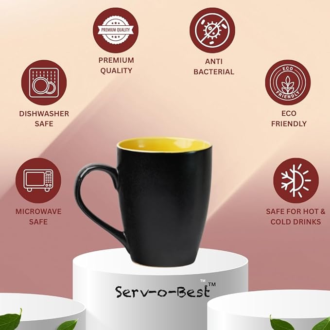 Servo Best Black Coffee Mugs 12 oz, Set of 6 Matte Black Outside and Multicolour Inside Ceramic Mugs - Lead & Toxic Free, Dishwasher & Microwave Safe, Perfect for Home & Office Use