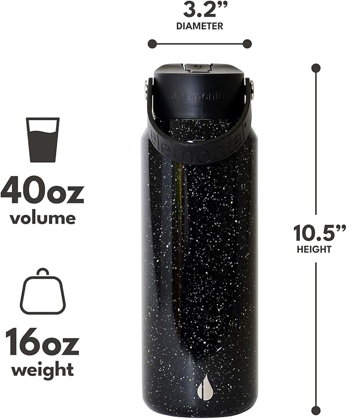 Elemental 40oz Insulated Water Bottle with Straw - 100% Leak-Proof Stainless Steel Core Water Bottles for Travel, Sports and Gym - Double Wall Insulation & BPA Free - Black Speckle