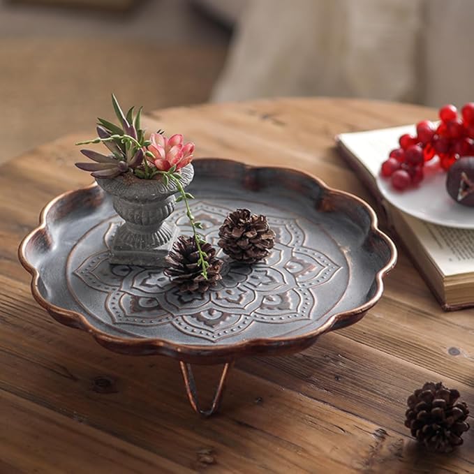 Vintage Metal Serving Tray Tea Coffee Bar Rustic Decorative Storage Plates for Party Breakfast Lunch Dinner Fruit Dessert Appetizers Patio Coffee Table Home Decor
