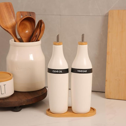 HOMCDALY Olive Oil and Vinegar Dispenser Set, Two 16oz Ceramic Oil Dispenser for Kitchen, Kitchen Dispenser Bottle for EVOO Vinegar Syrups, Modern Farmhouse Design| Set of 2 – white