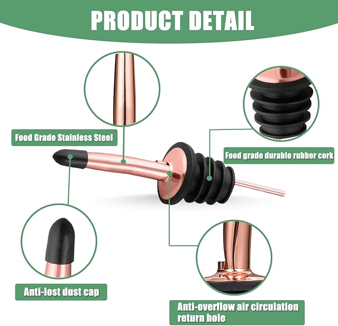 WAFJAMF 6 Pcs Liquor Pour Spouts Set, Stainless Steel Liquor Bottle Pourers with Rubber Dust Caps, for Pours Liquid, Olive Oil, Wine, Vinegar (Rose Gold)