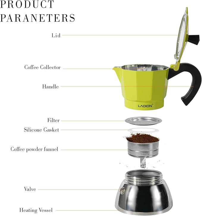 LAOION 3-Cup Moka Pot | Stovetop Espresso Maker | Induction Compatible | Stainless Steel & Aluminum | Green