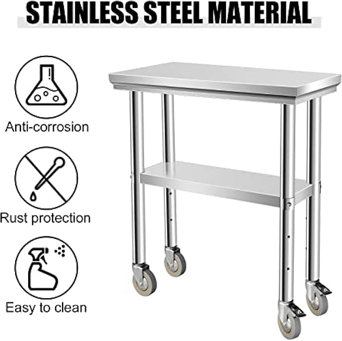 Stainless Steel Table - Metal Table Cart - Commercial Workbench with Caster Wheel - NSF Certified - for Restaurant, Warehouse, Home, Kitchen, Garage,24''x12''
