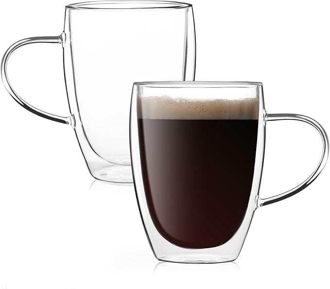 Aurzen Double Wall Glass Coffee Mug, 12oz Clear Latte Mug with Handles, Clear Cups for Tea, Beverages,Expresso, Juice, Milk Microwave Safe Set of 2