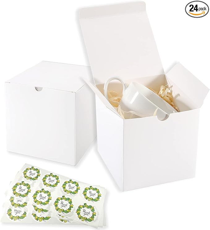 Frantis White 24 Pack 3x3x3 inch Small Gift Box with Lids for Party Gift Boxes, Ornament Boxes, Christmas Gift Boxes, Wedding Boxes Easy to Assemble Gift Box with 24 Thank You Stickers