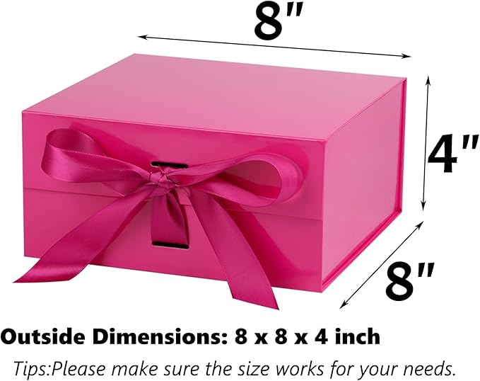 OEMVALATY Bright Pink Gift Box,8x8x4 Inches Gift Boxes with Lids for Presents with Magnetic Closure and Ribbon for Wedding,Storage,Birthday