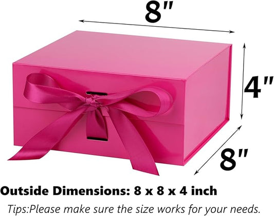 OEMVALATY Bright Pink Gift Box,8x8x4 Inches Gift Boxes with Lids for Presents with Magnetic Closure and Ribbon for Wedding,Storage,Birthday