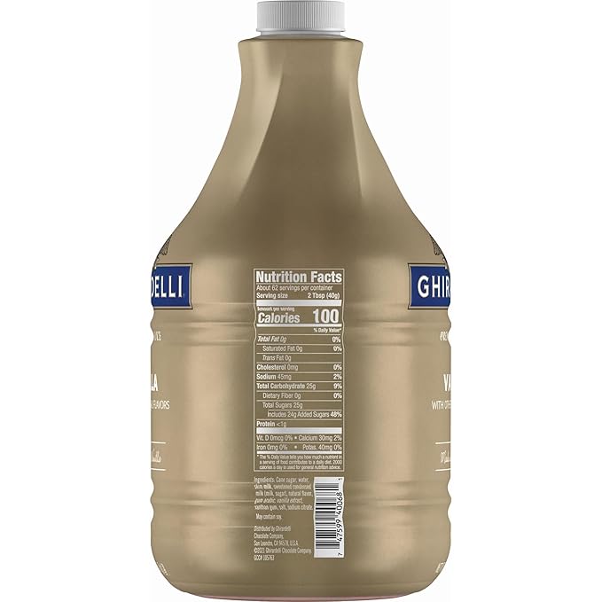 Ghirardelli Vanilla Flavored Sauce, 87.3 Ounce Bottle with Ghirardelli Stamped Barista Spoon & Pump