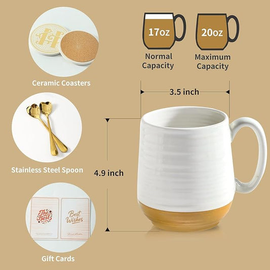 HASENSE Coffee Mugs Gift Set, 20oz Ceramic Mugs Set of 2 with Handle, Glaze Coasters & Spoons in Storage Box,Perfect Valentine‘s Day Gift for Coffee Tea and Cocoa, White