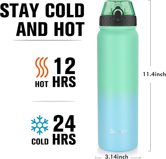 Oldley Insulated Water Bottle 32oz Water Bottles with Straw, Stainless Steel Water Bottle with 3 Lids, Double Wall Vacuum Bottels for Adults School Kids,Leak-Proof Sport Bottles, Leaf Green -Blue