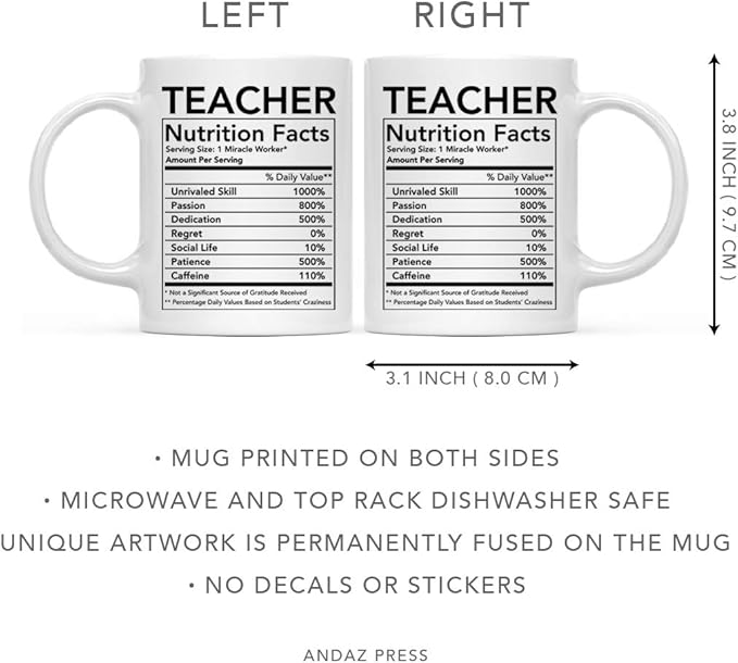 Andaz Press Funny 11oz. Ceramic Coffee Tea Mug Thank You Gift, Teacher Nutritional Facts, 1-Pack, Novelty Gag Birthday Christmas Gift Ideas Coworker