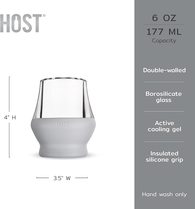 Host Glass Sipping FREEZE Insulated Drinking Glasses for Bourbon, Double Walled Glasses with Active Cooling Gel, Glass Cups Gray 6oz Set of 2