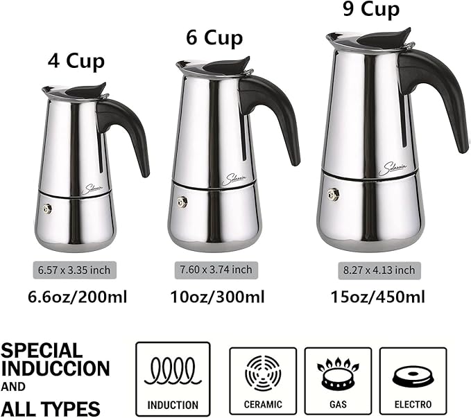 Espresso Maker 4 Cup Moka Pot Stainless Steel Percolator coffee pot, Compatible with Gas, Electric, Ceramic, and Induction stovetops(6.6 fl oz/200 ml)