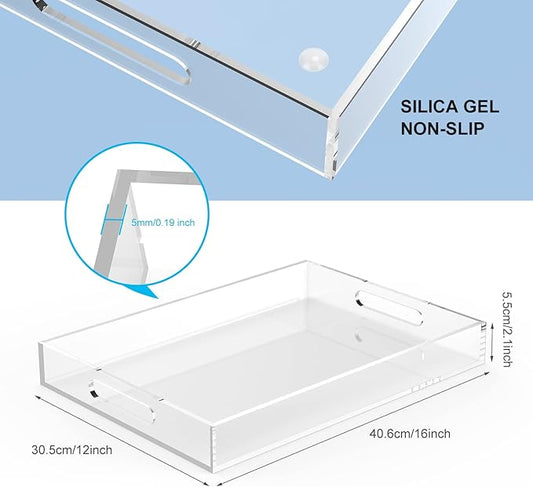 Acrylic Serving Trays with Handles, 16"x 12" Rectangle Sturdy Breakfast Tray, Clear Decorative Trays Organiser for Bedroom, Kitchen, Living Room, Bathroom, Hospital and Outdoors