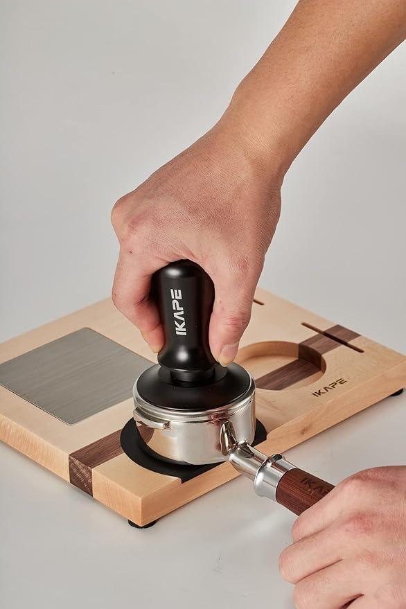 IKAPE Espresso Tamper Base, Espresso Accessories Organizer Box Compatible with All Size Espresso Brand Accessories, Natural Walnut Tamping Station Holder(4 IN One)