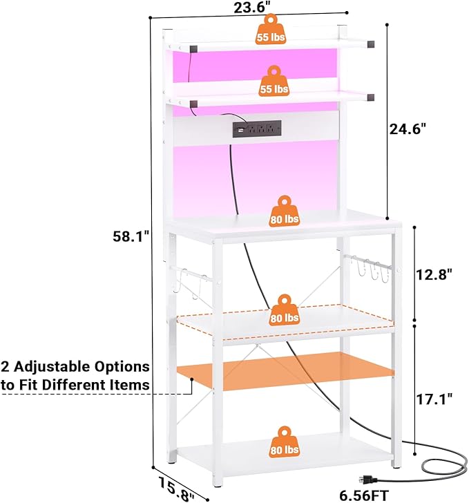 Aheaplus Bakers Rack with Power Outlet, Microwave Stand, 5 Tiers Coffee Bar Station with Led Lights, Kitchen Storage Shelf with 6 S-shaped Hooks, Kitchen Rack for Spices, Pots and Pans, White