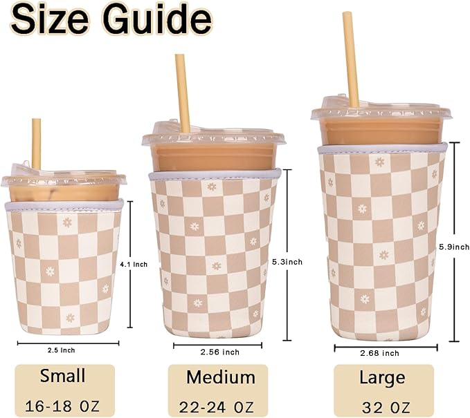 Reusable Insulated Sleeve for Iced Coffee Cup, Coffee Neoprene Sleeve for Cold & Hot Drinks, Beverage Holder for Iced Coffee (Floral Checkers, Small: 16-18oz)