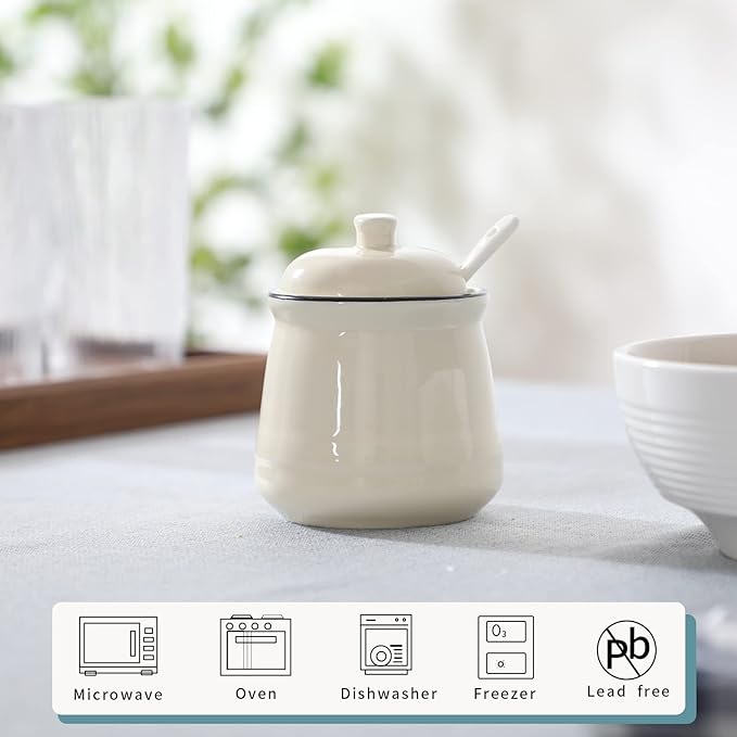 HAOTOP Porcelain Salt Bowl with Lid and Spoon,Ceramic Sugar Bowl 12oz (Beige)