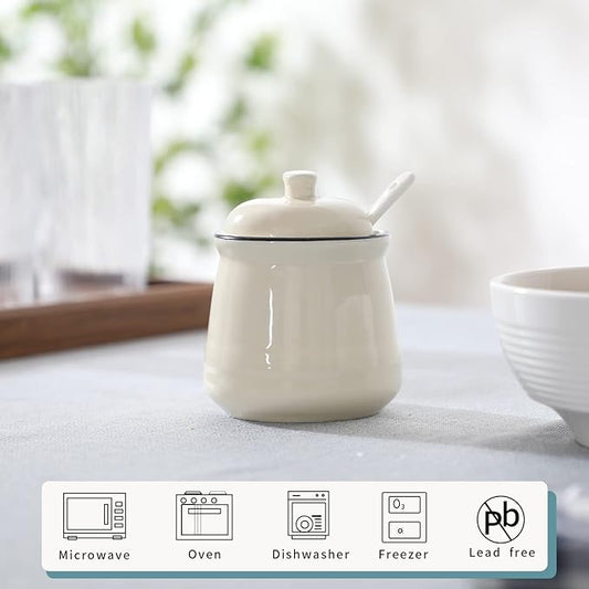 HAOTOP Porcelain Salt Bowl with Lid and Spoon,Ceramic Sugar Bowl 12oz (Beige)