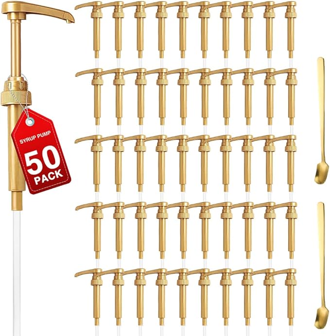 50 Pcs Gold Coffee Syrup Pump Dispenser, Compatible with 25.4 Oz/750 ml Bottles Squirt Syrup Pump Bulk Great for Home & Coffee Bar Drinking Mixes, Tea, Beverage, Cocktails, Plus Spoons