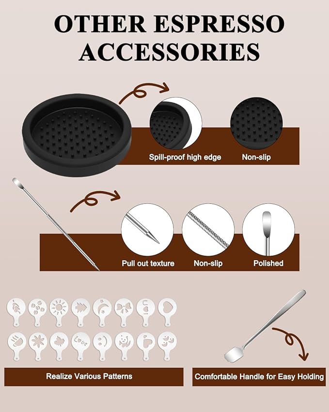 Espresso Kit, 350ml Espresso Milk Frothing Pitcher, 53mm Espresso Tamper, WDT Tool, 53.5mm Puck Screen, Dessert Spoons, Tamper Mat, Latte Art Pen &16 PCS Coffee Decorating Stencils