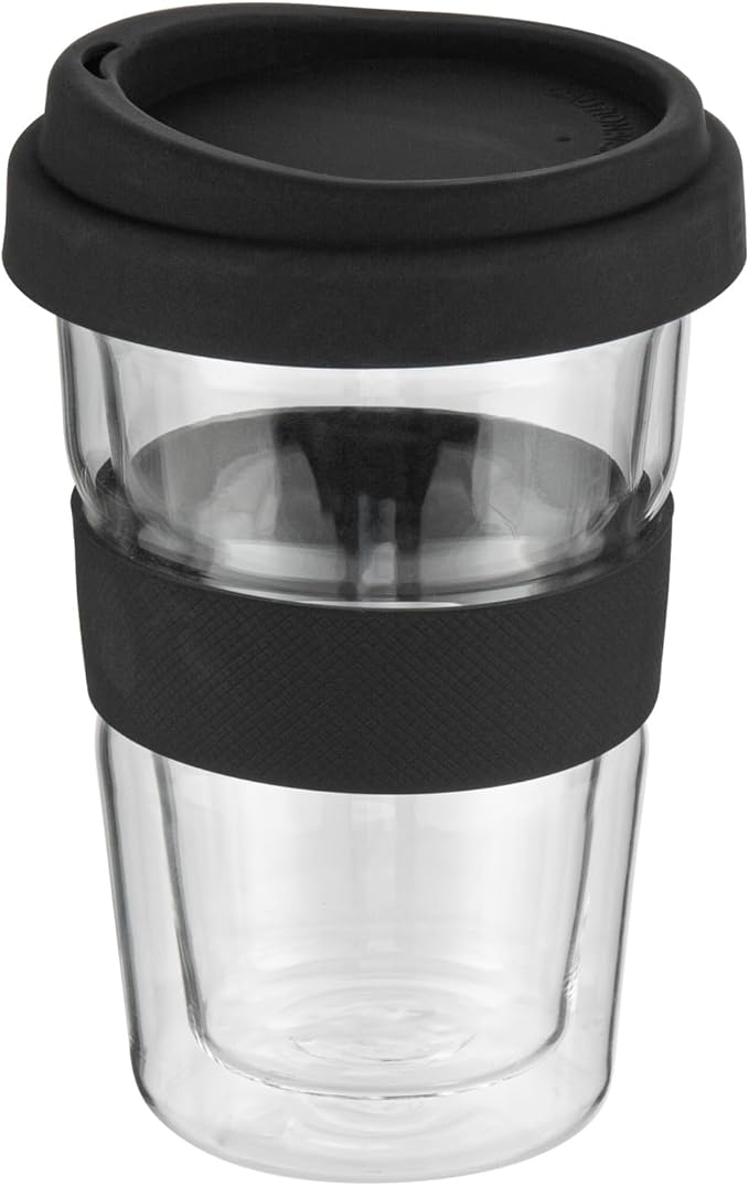 Restaurantware - Forma Professional 13.5 Ounce Insulated Travel Mugs, 10 Double Wall Coffee Mugs - Includes Lids And Sleeves, Reusable, Clear Borosilicate Glass Tumblers, Dishwashable, Microwavable