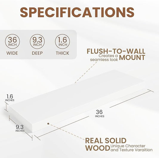 9.3 Inch Deep Floating Shelves, White Solid Wood Floating Shelf Wall Mounted, 36 x 9 Large Display & Storage Shelves for Books, Living Room, Bathroom, Rustic Wooden Wall Shelves, Heavy-Duty, Set of 2