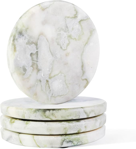 Koville Marble Coaster Set of 4, Round White Coasters, 4" Cup Coasters for Drinks, Heat Resistant Coaster for Coffee Table Home Office Bar Decor(Bianco Palomino)