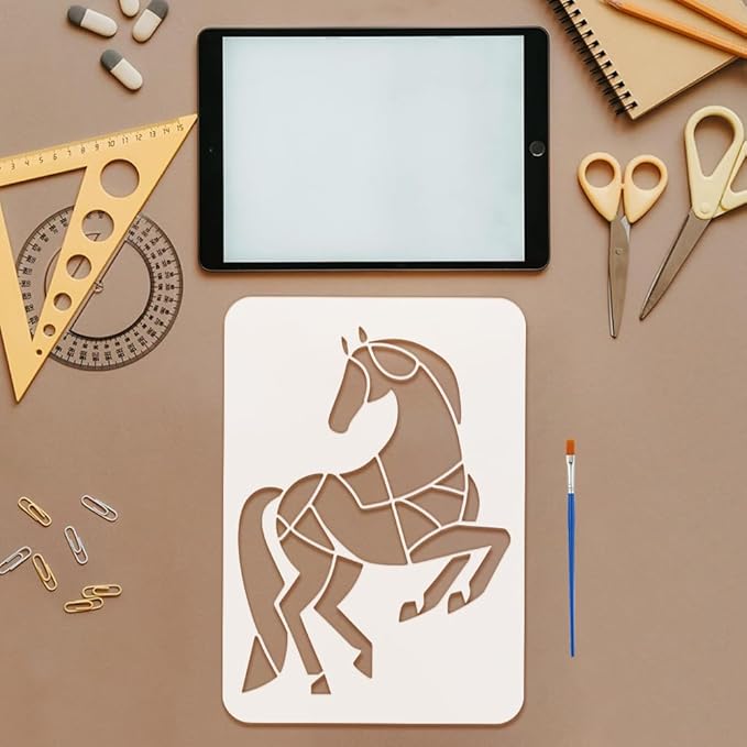 FINGERINSPIRE 4 Pcs Geometric Horses Painting Stencil with Paintbrush 11.7x8.3inch Reusable Elegant Horse Stencils for Painting on Wood, Fabric, Canvas & Furniture Home Decor