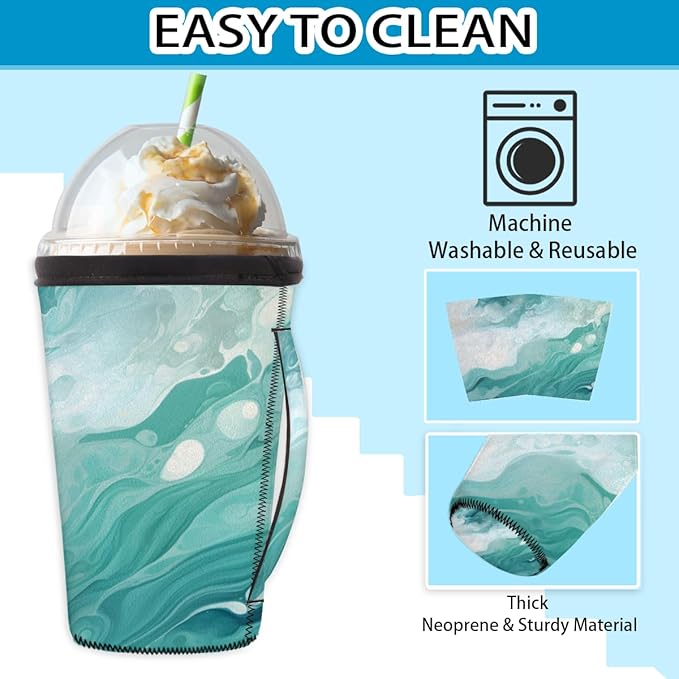 Ocean Blue Marble Reusable Insulator Coffee Sleeves for Drinks Beverages, Neoprene Holder with Handle for Most Coffee or Ice Drink, 24-28oz