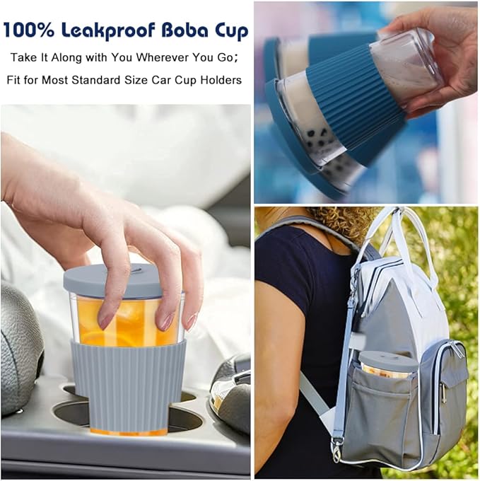 2 Pack Boba Tea Cup, 500ml/17oz Double Wall Plastic Tumbler with Straw and Lid, Leakproof Iced Coffee Smoothie Cup Bubble Tea Cup, Insulated Tumbler with Straw, Cool Gray and Indigo Blue