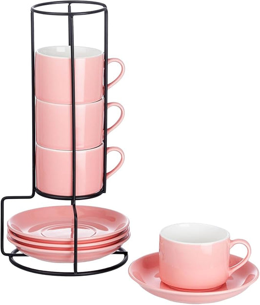 Meichu 4oz Porcelain Stackable Espresso Cups with Saucers and Metal Stand Set of 4, Stackable Espresso Cups Set of 4, Pink Expresso Shots Cup Set for Coffee Drinks, Cappuccino Latte, Americano, Tea
