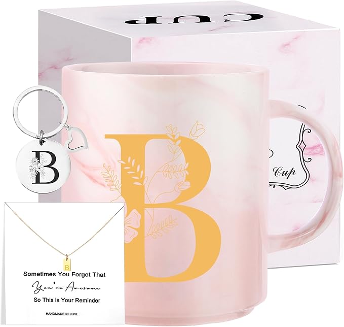Monogrammed Christmas Gifts for Women, 11 oz Initial Ceramic Coffee Tea Mug with Necklace, Unique Birthday Gift for Her Wife Teacher Friend Mom, B
