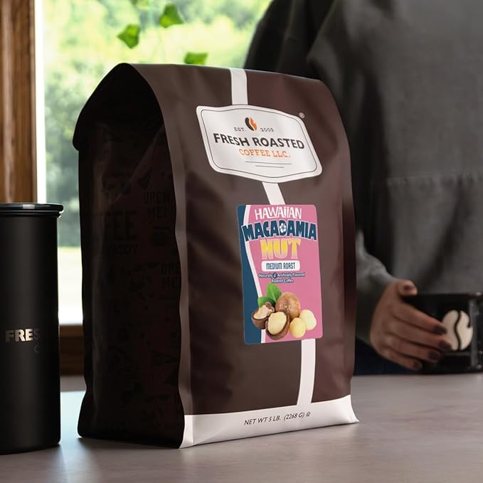 Fresh Roasted Coffee, Hawaiian Macadamia Nut Flavored Coffee, 5 lb, Medium Roast, Kosher, Ground